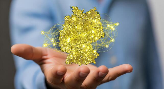 Digital Germany Map Hovering Over Hand Network Connections, Technology Infrastructure, Future Concepts photo