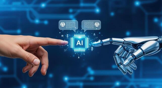 humano y robot Interacción concepto representando artificial inteligencia integración con humano toque en futurista tecnología foto