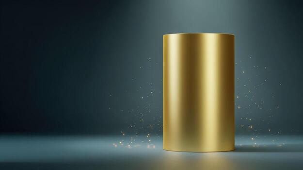 Elegant Gold Cylinder Product Display Podium on Dark Backdrop with Sparkling Particle Effects photo