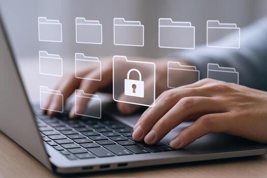 Data Security Person Typing on Laptop with Protected Folder Icons Illustrating Digital Safety photo