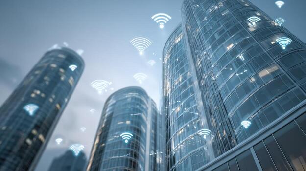 Modern Cityscape with Wireless Internet Connectivity High-Rise Buildings Enabled with Wi-Fi Technology and Digital Network photo