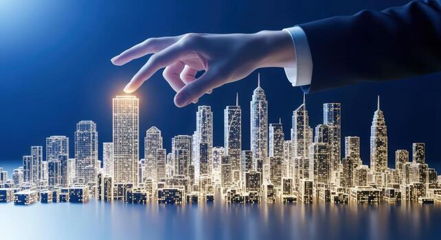 Architectural Design and Planning Persons Hand Touching Digital Cityscape, Representing Innovation and Future Development photo