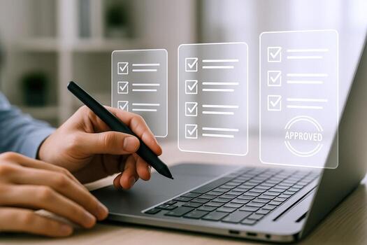 Digital Checklist on Laptop Screen Hand Using Stylus for Online Form Completion and Approval photo