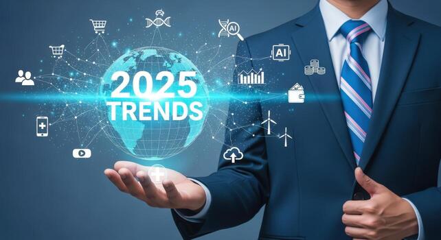 Future Trends 2025 Businessman Presenting Emerging Technologies and Global Business Predictions for the Upcoming Year photo