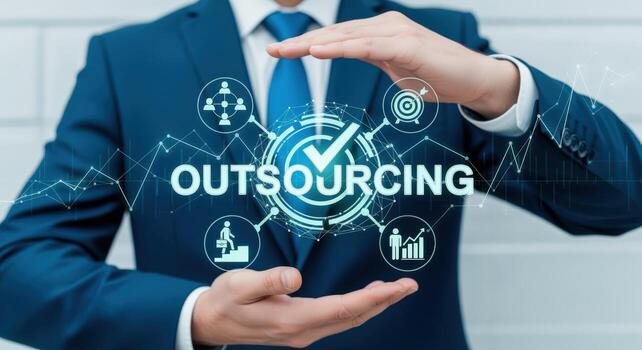 Business Professional Visualizing Outsourcing Solutions with Digital Interface, Data, and Strategy for Company Growth photo