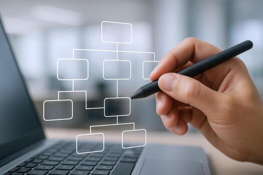 Creating Organizational Chart on Laptop Business Strategy, Workflow Diagram, Information Architecture, Website Navigation, System Planning photo