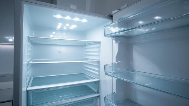 Empty Refrigerator Interior with Open Door and Shelves, illuminated by LED Lighting, ready for new groceries photo