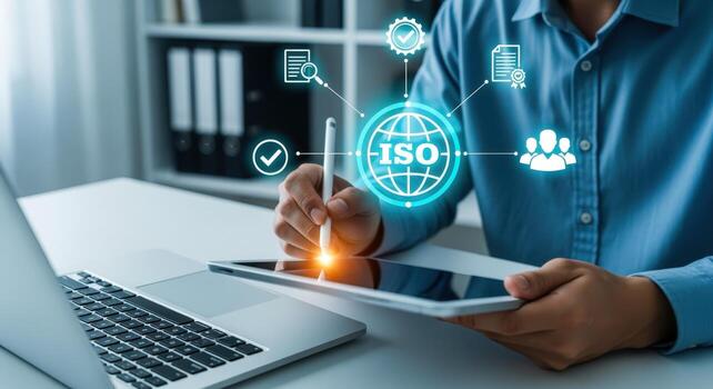 ISO Standards Implementation Man Navigating Quality Management System on Tablet for Business Excellence photo
