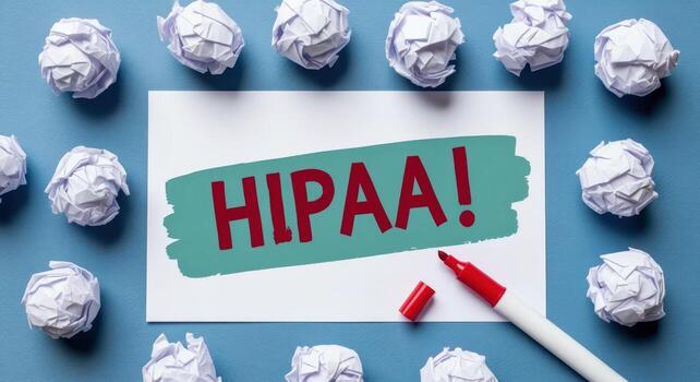 HIPAA Compliance Concept Crumpled Paper Balls Frame HIPAA Message on White Sheet with Red Marker Overhead photo