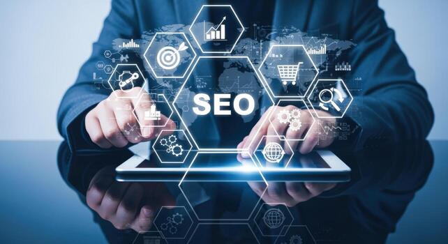 seo estrategia implementación mostrado en un tableta con un hombre en un traje participación foto