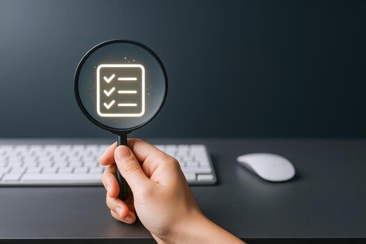 Inspection of Task List with Magnifying Glass for Process Optimization and Efficiency in Business photo