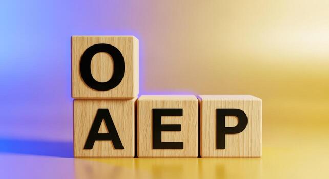 Wooden Blocks Spelling Business Acronym on Reflective Surface, Illuminated by Blue and Yellow Gradient Light photo