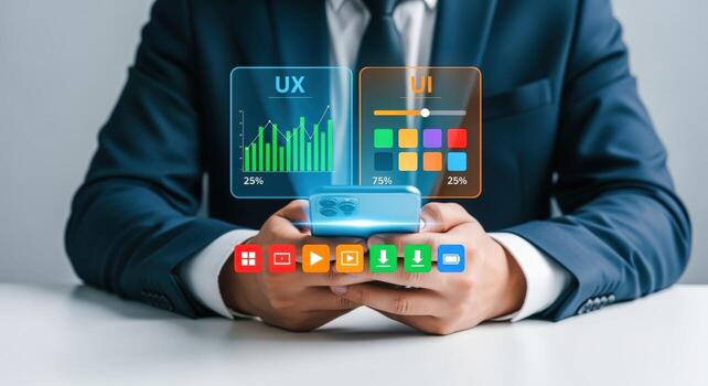 Mobile UX UI Design Interface Concept Businessman Analyzing Data with a Smartphone on White Table photo