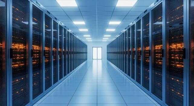Data Center Corridor with Server Racks, Technology Infrastructure, and Clean Room Environment for IT Operations photo