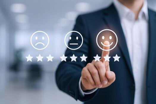Customer Feedback Satisfaction Man Touching a Positive Smiley Face on a Digital Interface with Rating Stars photo