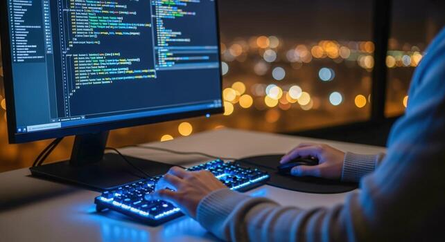 software desarrollador codificación a noche persona mecanografía en iluminado teclado con ciudad luces foto