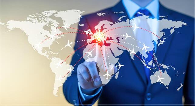 Global Business Network Concept Businessman Touching World Map with Flight Connections, Representing International Trade photo