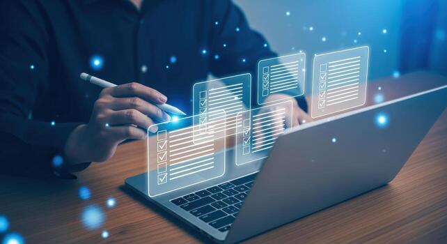 Digital Document Management Businessman Approving Online Forms on Laptop with Stylus for Efficient Workflow photo