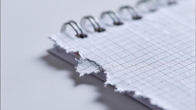 Torn page from a spiral notebook with graph paper, on a white background, close up shot photo
