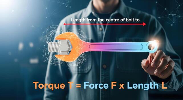 Torque Diagram Showing Force, Bolt, and Length with Technician Pointing to the Equation for Physics and Mechanics photo