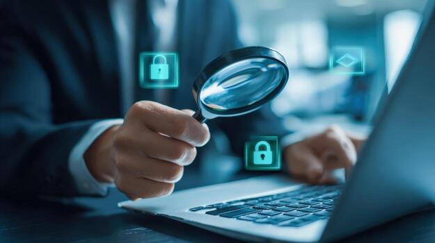 Cybersecurity Investigation Businessman Analyzing Data Security with Magnifying Glass and Laptop, Searching for Vulnerabilities photo