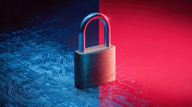 Secure Padlock Symbolizing Data Protection on a Futuristic Circuit Board Background Representing Cybersecurity photo