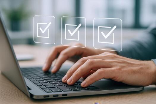Online Survey Completion Hands Typing on Laptop with Digital Checklist Overlay for Form Submission photo
