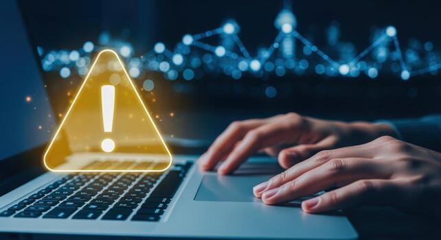 Cybersecurity Alert Computer Displaying Warning Sign with Hands on Keyboard, Illustrating Data Breach and Potential Threat photo