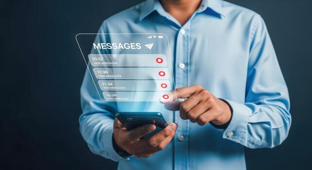 Man Interacting with a Digital Messages Interface on Smartphone, Showcasing Communication Technology and User Engagement photo