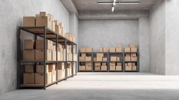Warehouse Interior Featuring Racks Filled with Cardboard Boxes Ready for Shipping and Storage photo