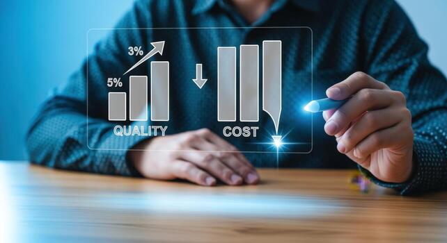 Quality Improvement and Cost Reduction Concept Businessman Analyzing Data with Pen, Representing Business Growth photo