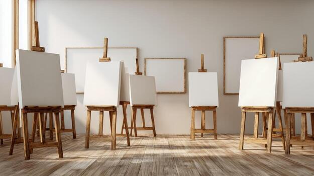 Art Studio with Multiple Easels and Blank Canvases in a Gallery Setting Displaying Creativity photo