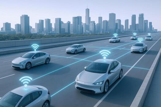 Autonomous Vehicles on Highway with Cityscape Background, Illustrating Future of Transportation and Smart City Technology photo