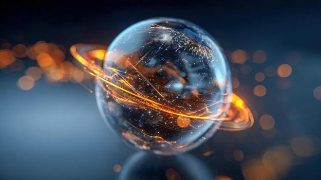Abstract Globe with Golden Light Trails A Conceptual Visualization of Global Connectivity and Technology photo