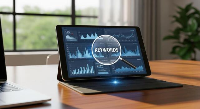 Keyword Research on Tablet Screen with Magnifying Glass Displaying SEO Data and Analysis photo