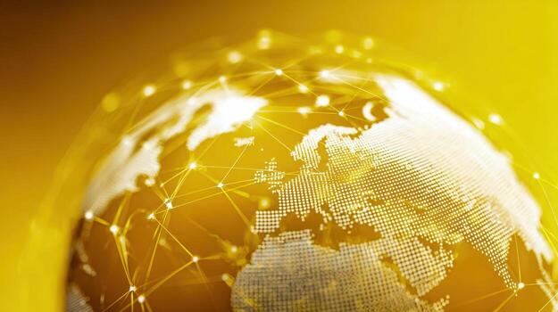 Global Network Connection Golden Globe with Interconnected Nodes, Representing Worldwide Communication and Technology photo