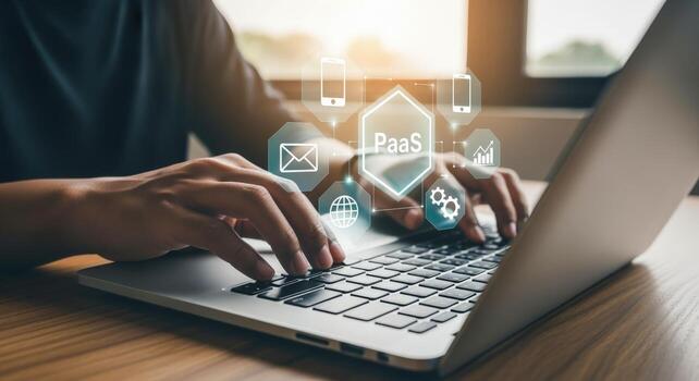 Platform as a Service Person Using Laptop with Digital Interface Illustrating Cloud Computing and Modern Technology Solutions photo