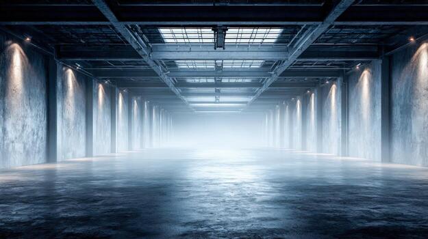 Abstract Empty Industrial Hallway with Dramatic Lighting and Perspective, Perfect for Backgrounds or Visualizations photo