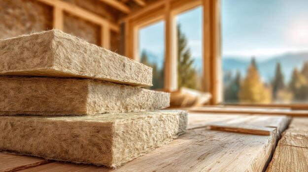 Mineral Wool Insulation Stacked Inside a Wooden House Frame Construction Site, Energy Efficient Building Materials photo