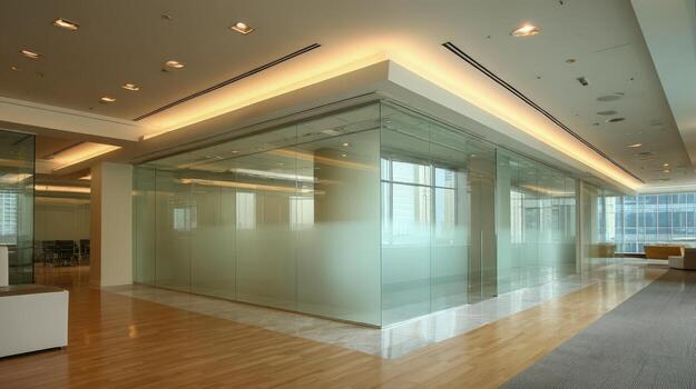 Modern Office Space with Glass Walls and Open Floor Plan for Business and Corporate Use photo