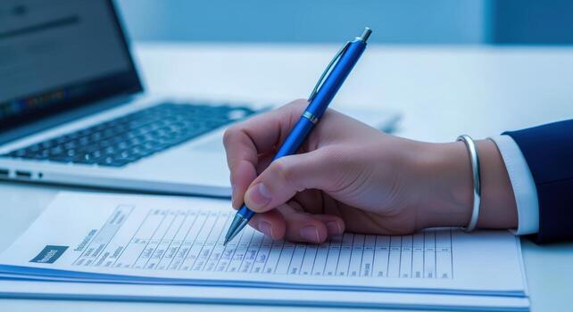Businesswoman Completing Application Form with Pen, Laptop Background - Focus on Document Signing and Paperwork photo