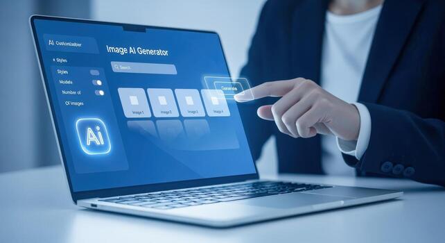 Womans Hand Interacting with an AI Image Generator Interface on Laptop, Showcasing Technology and Innovation photo