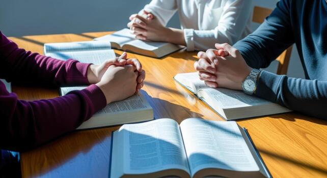 Group Praying Together with Bibles Open on Wooden Table, Seeking Guidance and Faith in Community photo