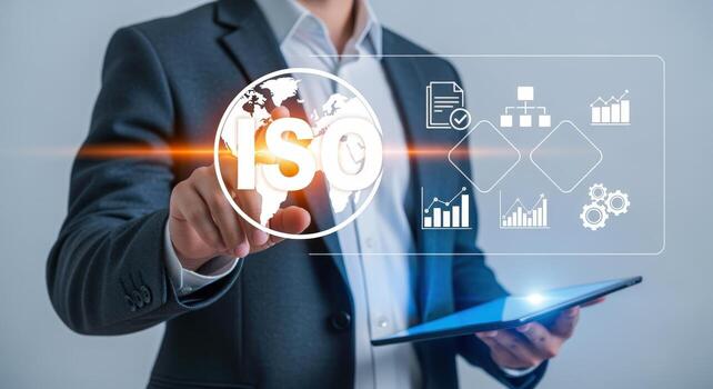 Man touching virtual interface with icons representing global standardization, quality control and business process optimization concept photo