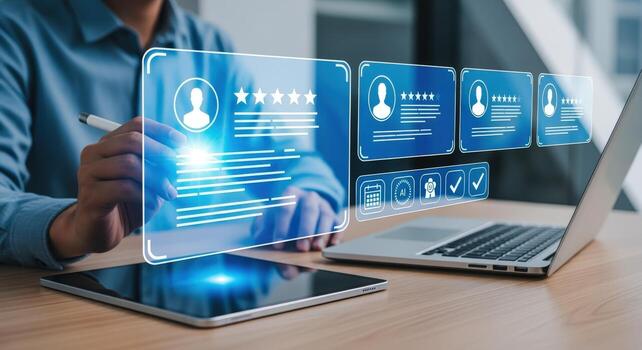 User Experience Design Concept with Customer Feedback on Digital Interface, Displayed on Transparent Screen photo