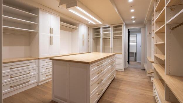 Bright and Spacious Walk-In Closet with Central Island and Custom Shelving for Organized Storage photo