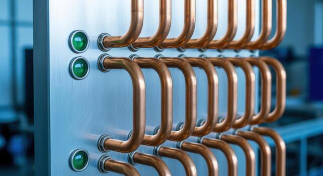 Copper Pipe Array on Metal Panel Industrial System Detail with Green Indicator Lights photo