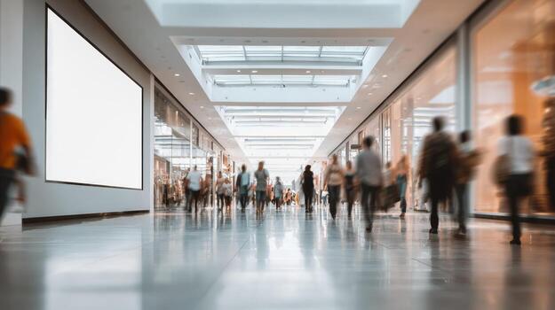Blurred motion of shoppers walking in modern shopping mall with advertising billboard space for message photo