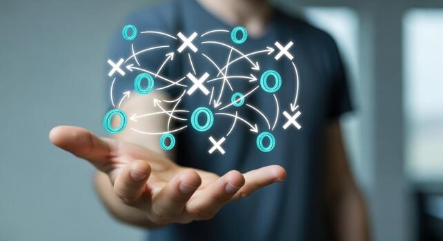 Strategic Planning Hologram Displayed Over Hand Abstract Business Solution and Goal Achievement Concept photo