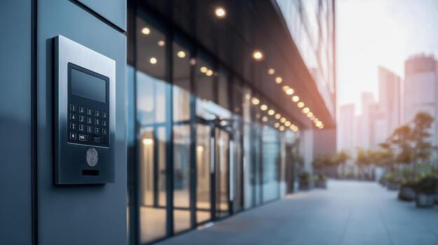Modern Building Entrance with Security System Keypad Access Control and Contemporary Architecture photo